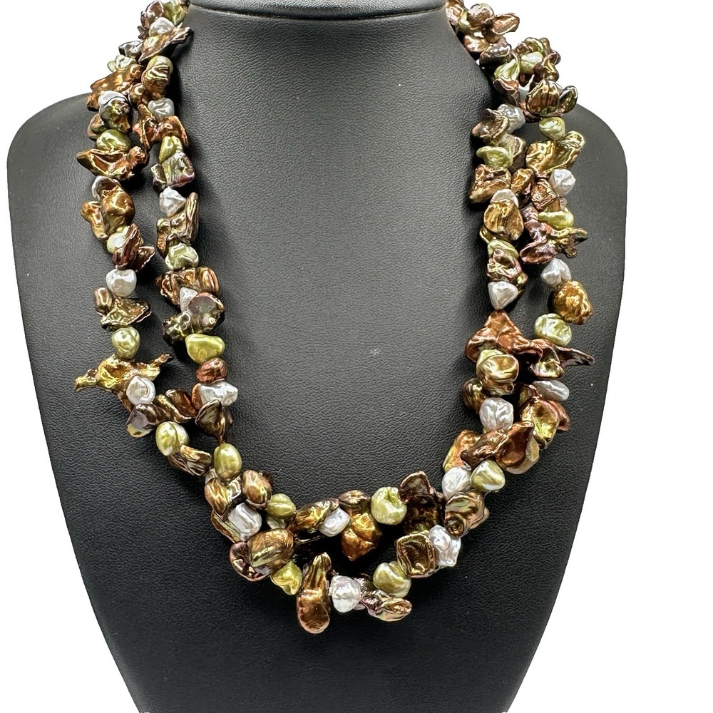 Double Strand Pearl Necklace Earthtones 925 Toggle Clasp 16" Choker